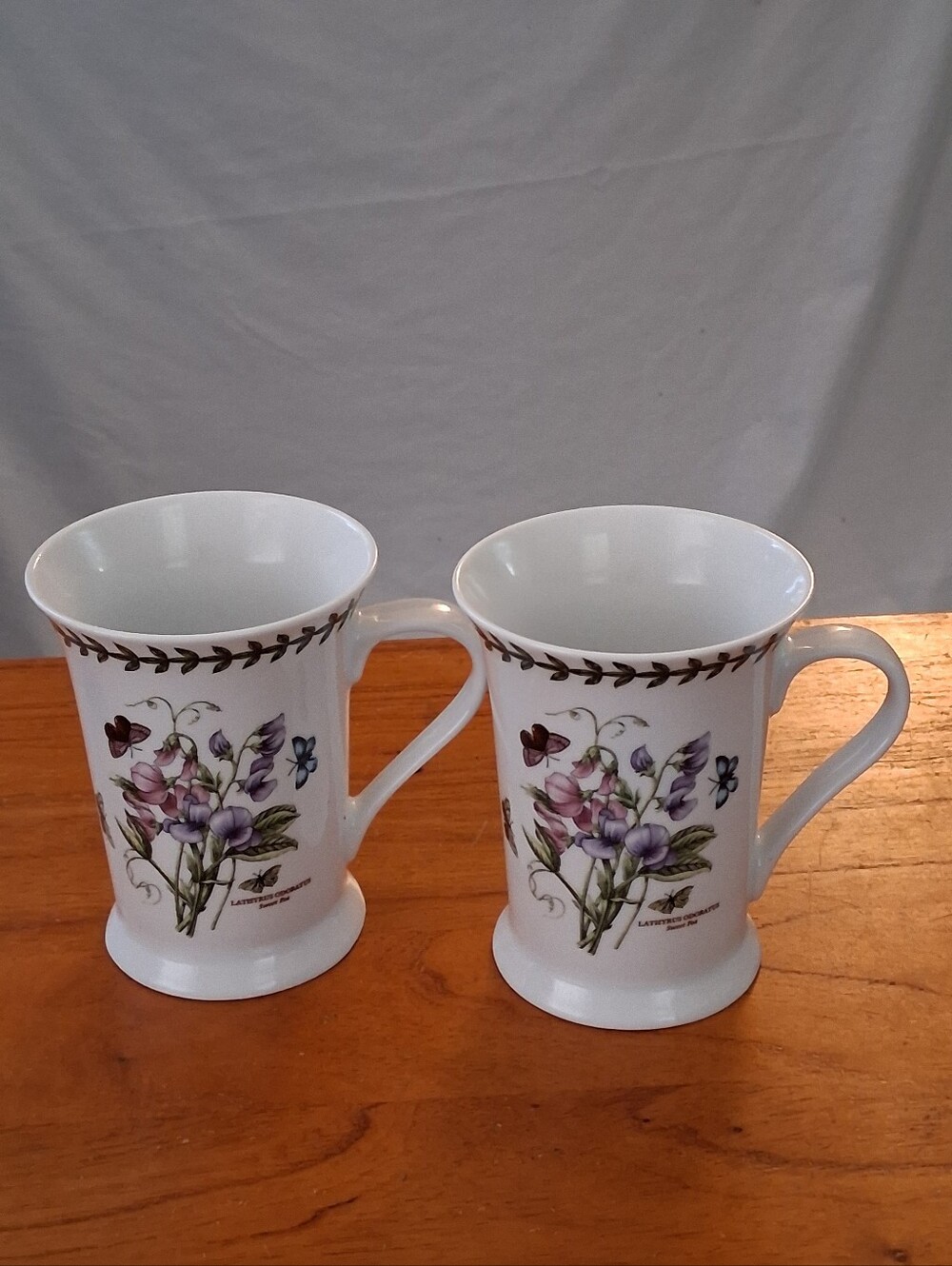 Pair of Portmeirion Botanic Garden "Sweet Pea" Tapered/Footed Coffee/Tea Mugs